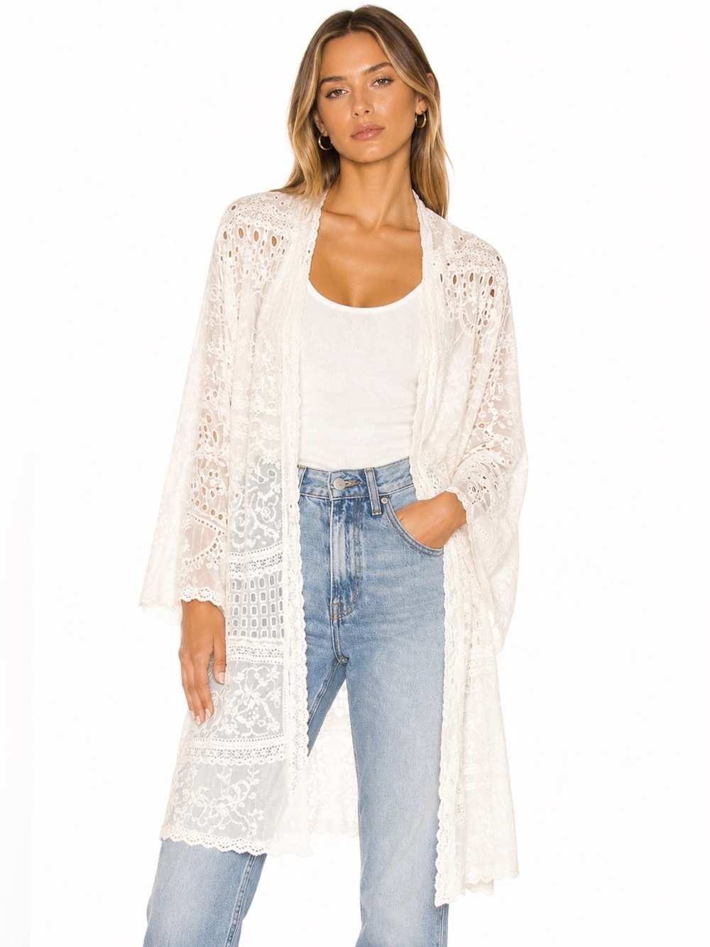 Johnny Was Open Front Drape Eyelet Embroidered White Floral Cardigan Kimono